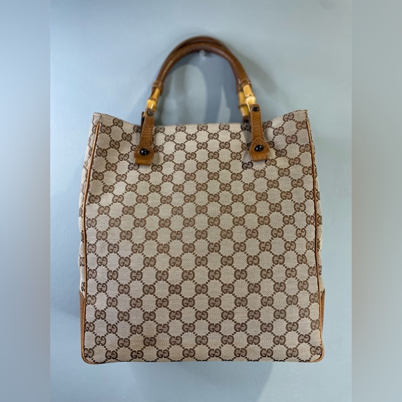 Gucci Handbags - Gucci Brown/Beige GG Canvas Tote with Bamboo-Style Handles